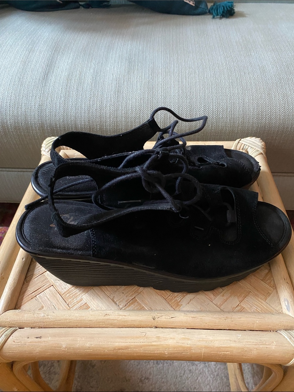 Skechers Parallel Ghillie lace up black suede wedge sandals size 7
